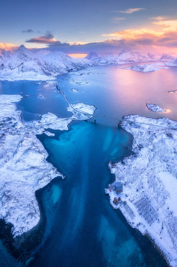 Aerial View Of Lofoten Islands In Winter At Sunset